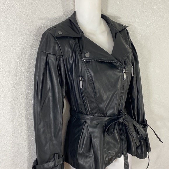 BCBGMaxazria Kinsley Black Vegan Leather Balloon Sleeve Belted Moto Jacket XS - Picture 4 of 16